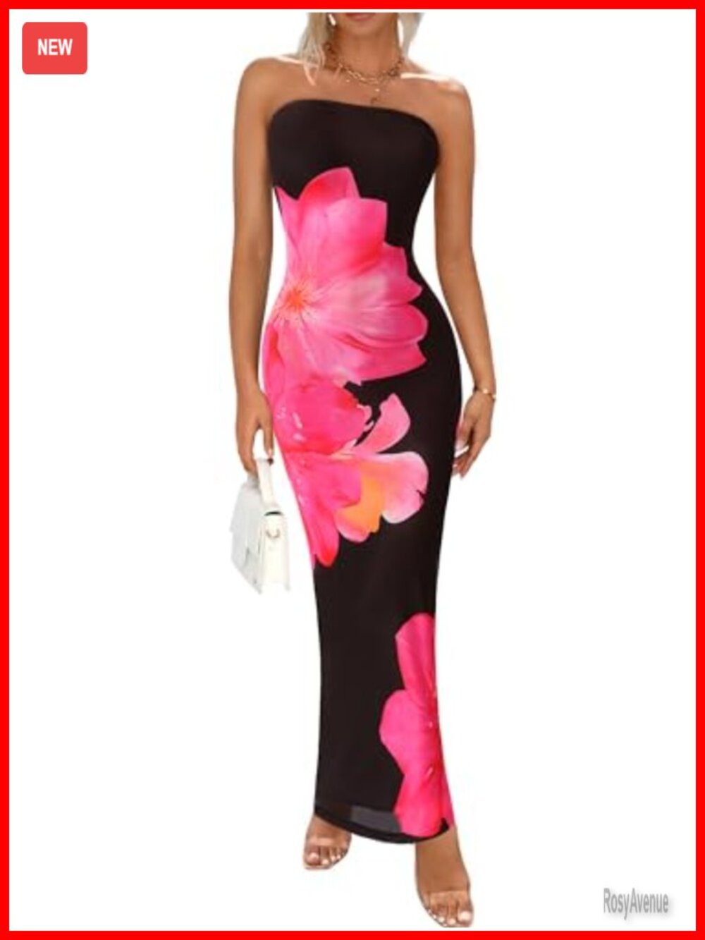 Women's Strapless Bodycon Maxi Dress Floral Mesh with Back Slit